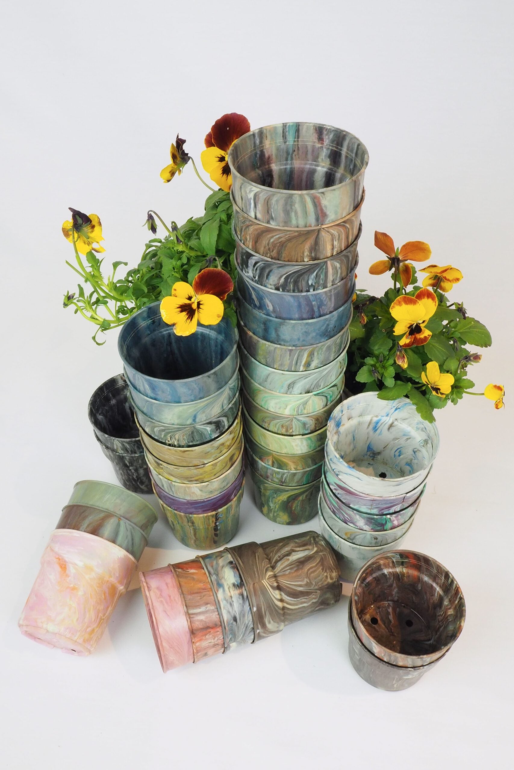 3 Vintage Marbled Plant Pots