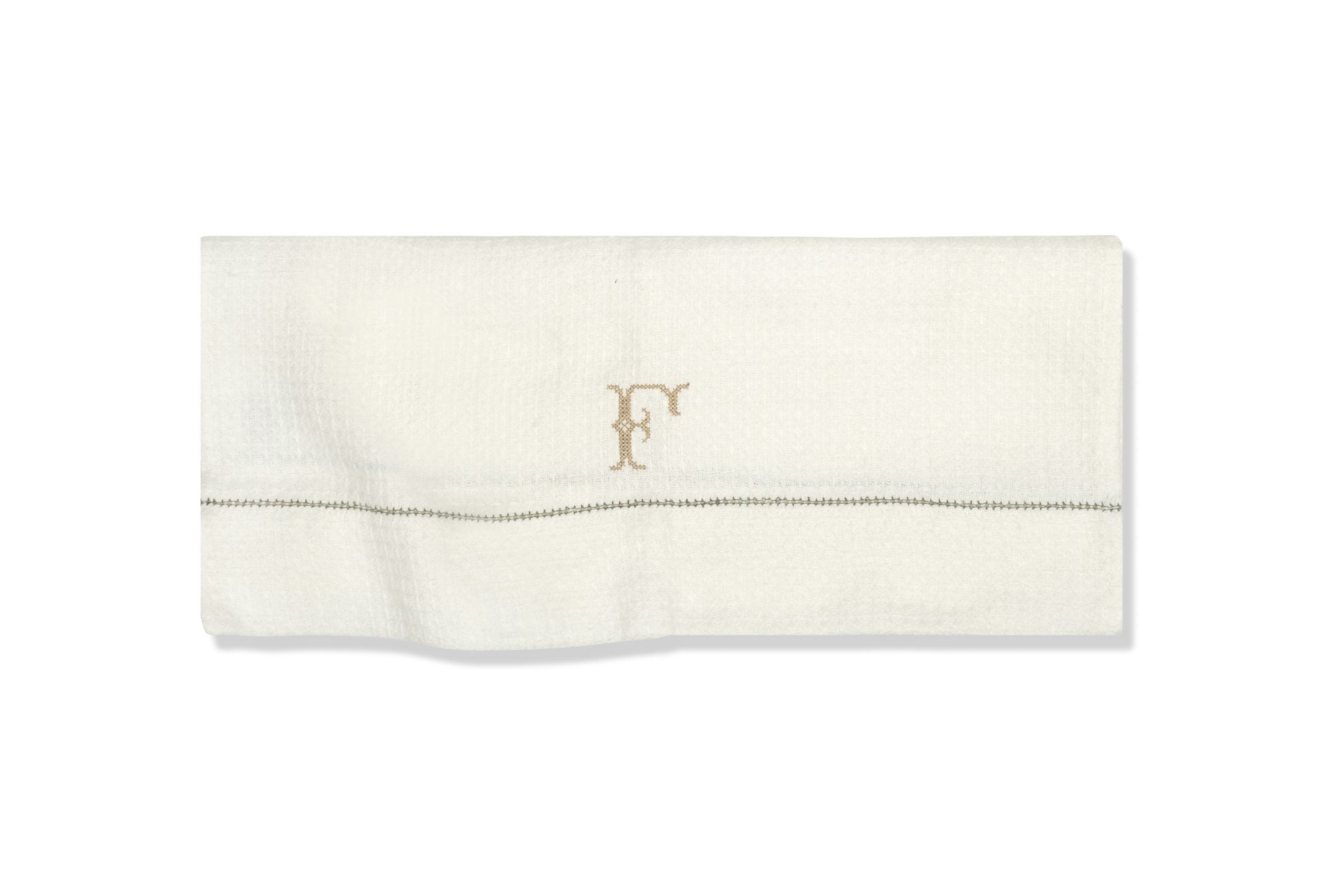 Liège Hand Towel in Ivory White Waffle with Olive Green Hemstitch