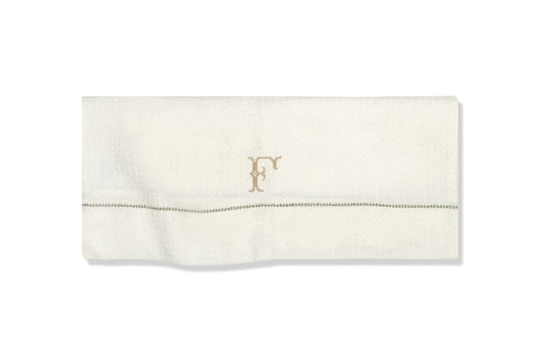 Liège Hand Towel in Ivory White Waffle with Olive Green Hemstitch