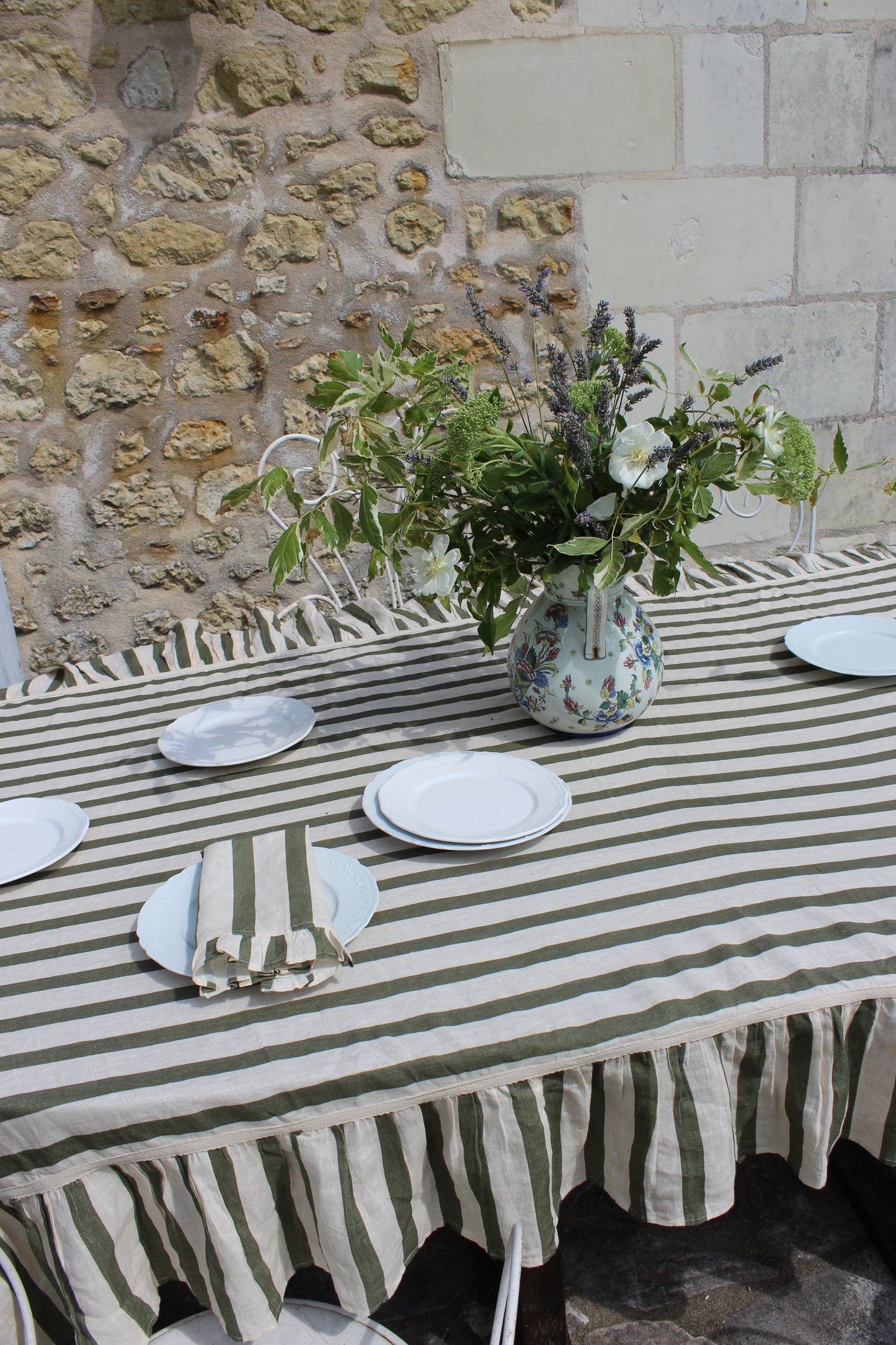 Olive & Ivory Thin Stripe Tablecloth Extra Long