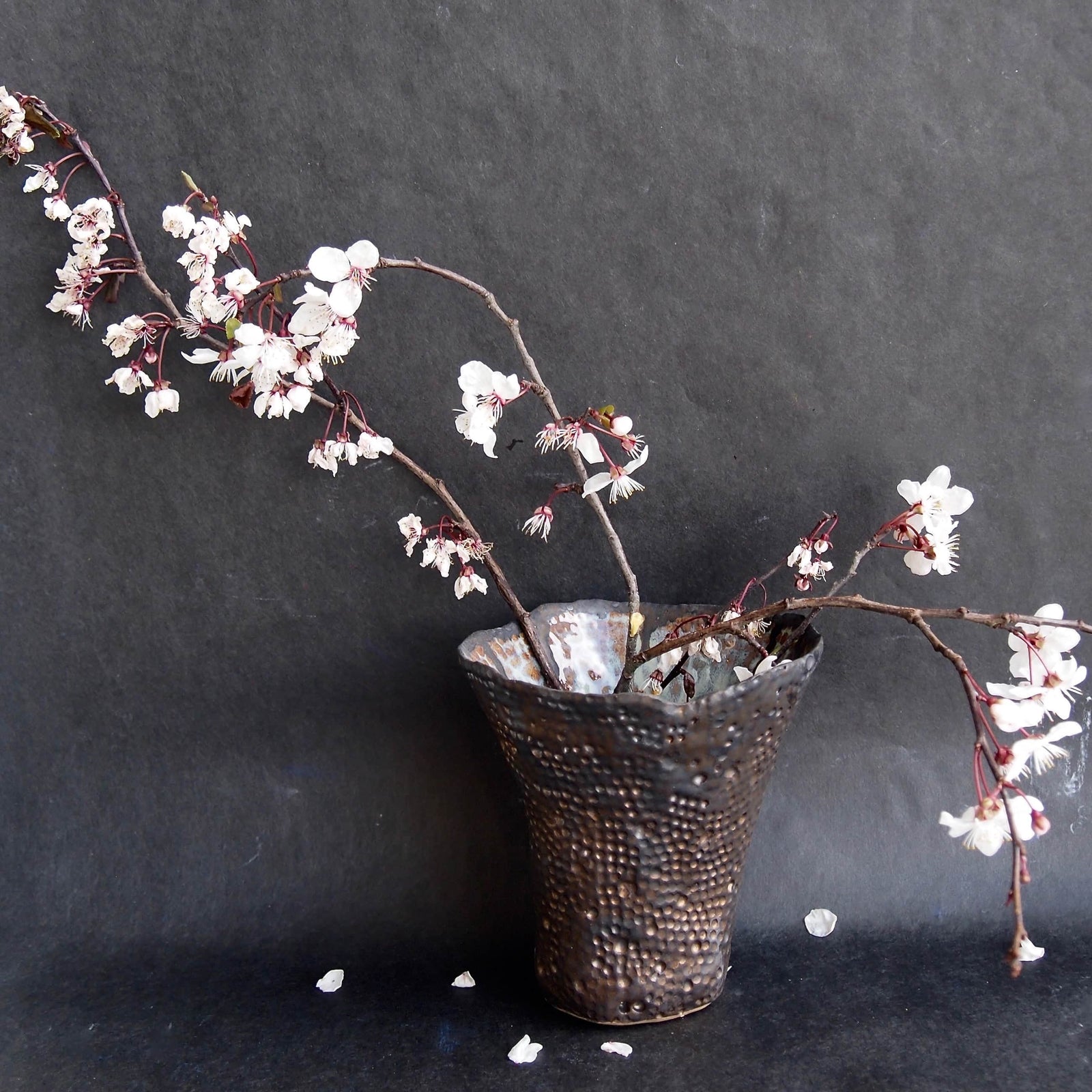 Handmade Bronze Dot Ceramic Vase with Blue Brown Swirly Interior