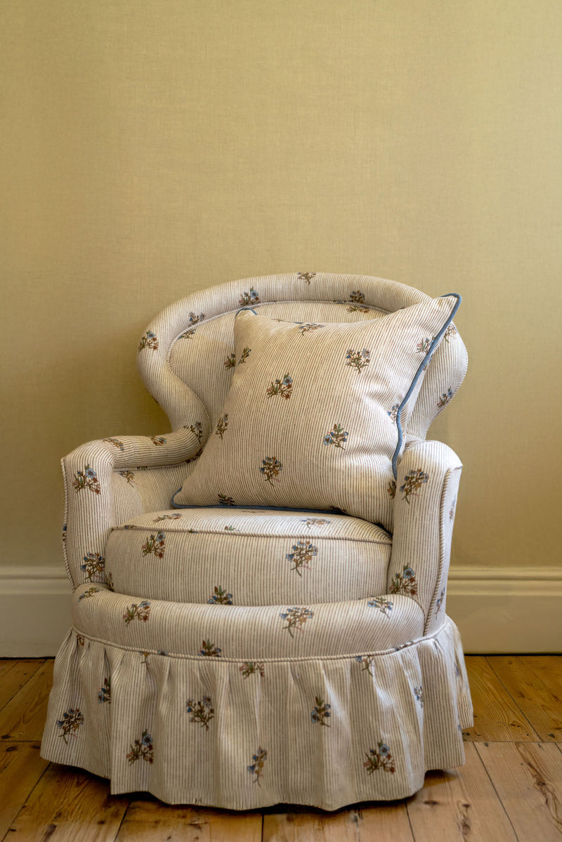 Flax & Field Posy Pinstripe Print Cushion with Chambray Blue Piping