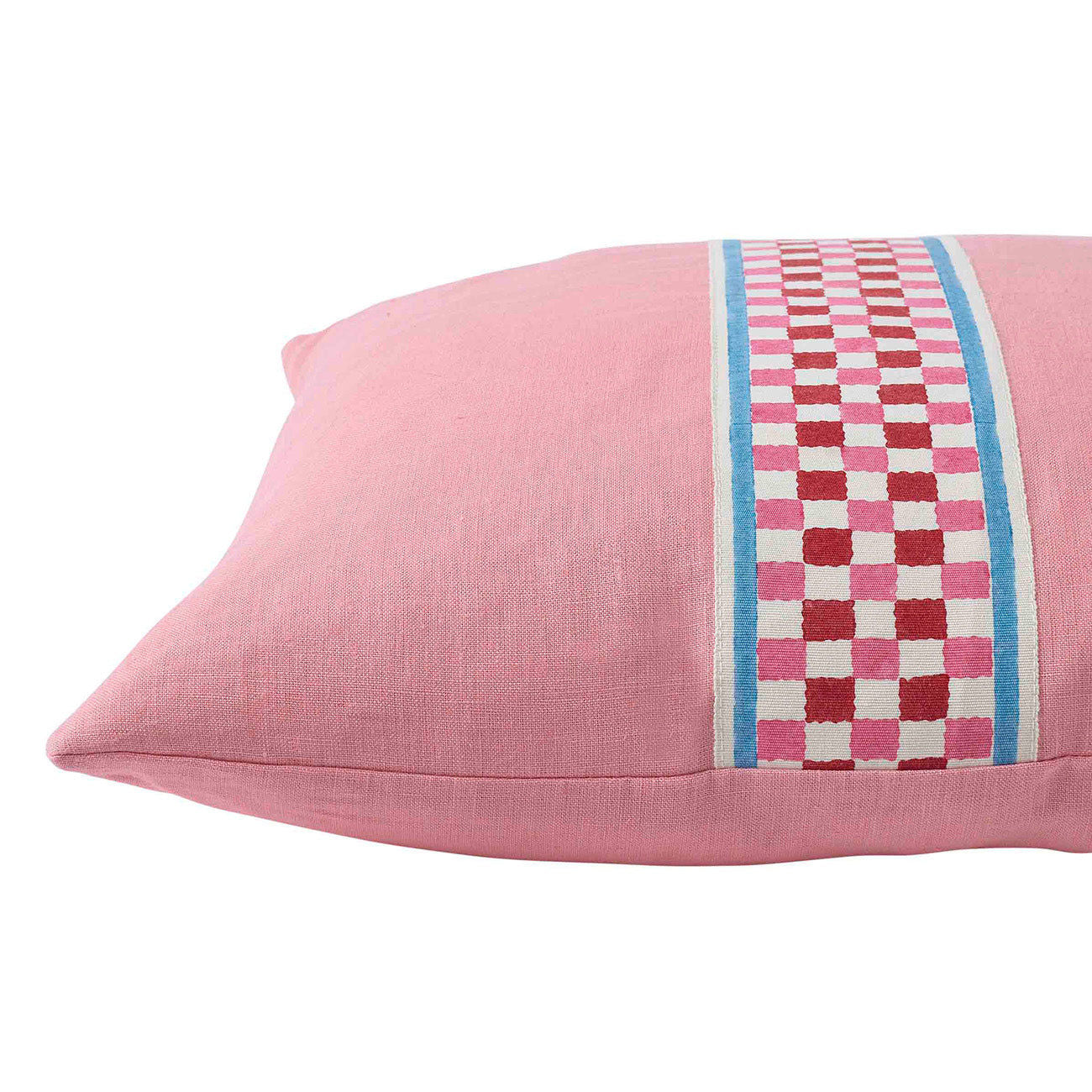 Cushion Pale Pink Linen with Chequer Red/Pink Tape