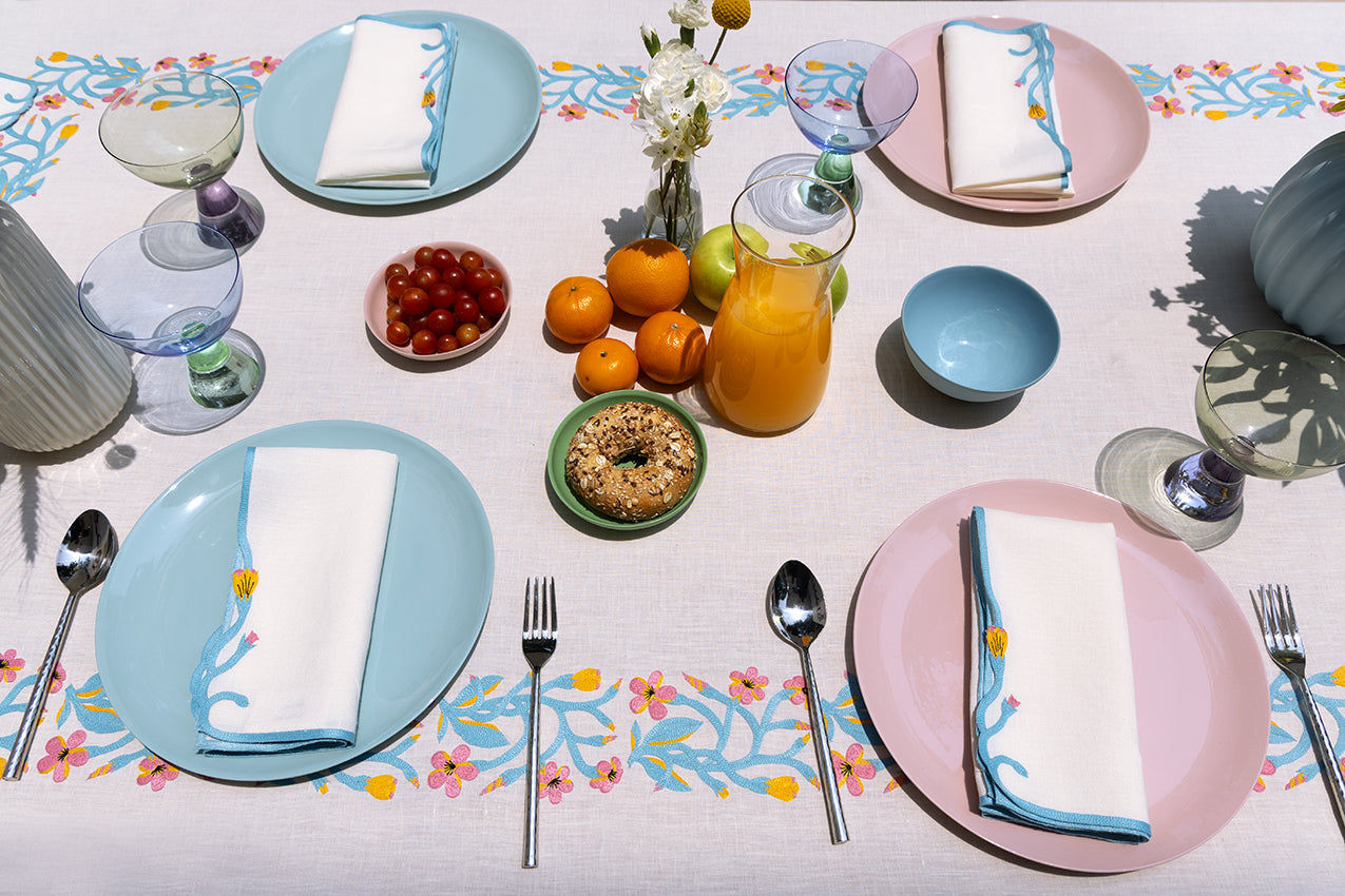 Embroidered Tablecloths - White & Blue (Set of 4)