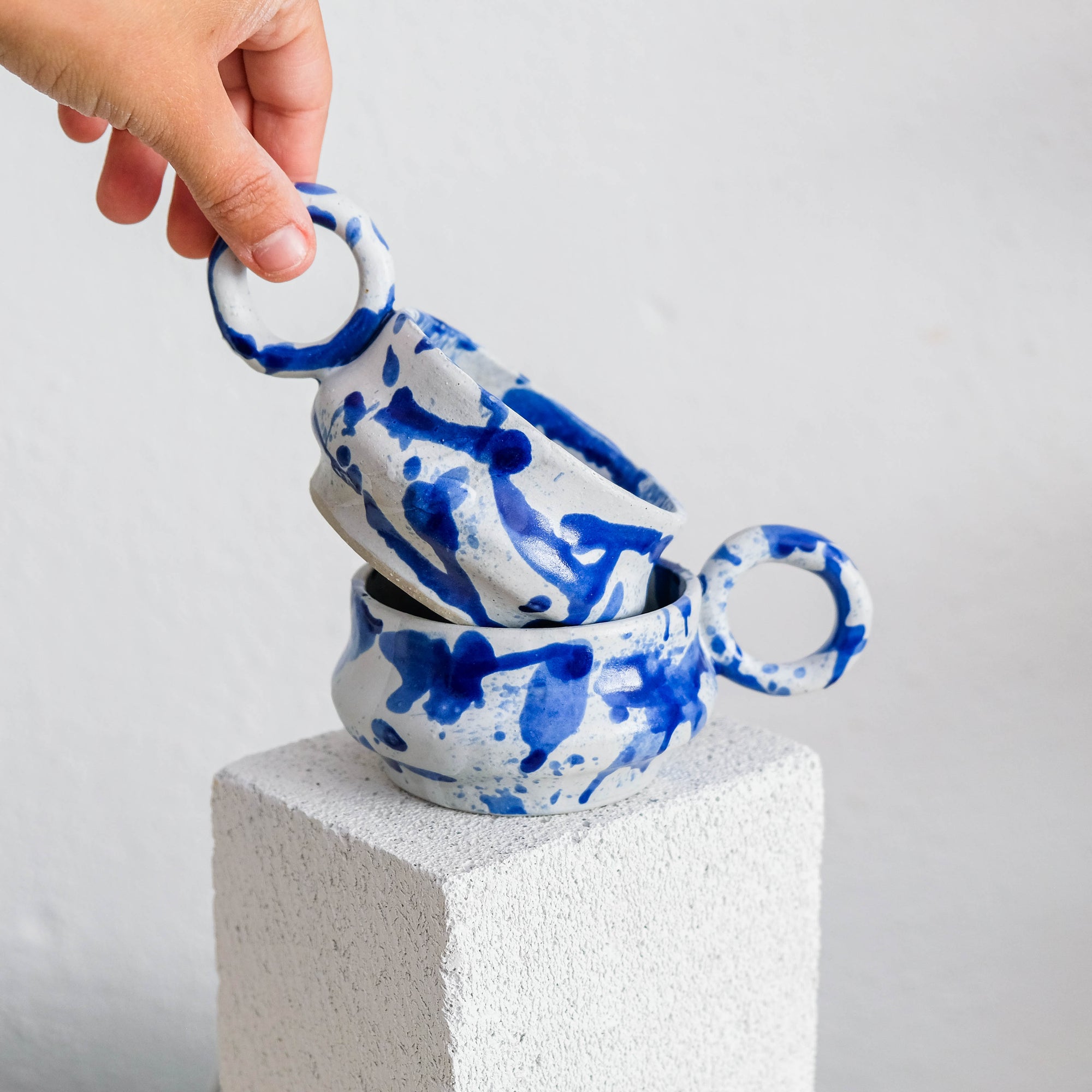 Dalmata M - Porcelain Cappuccino Cup - Brush Strokes Blue - Set of 2