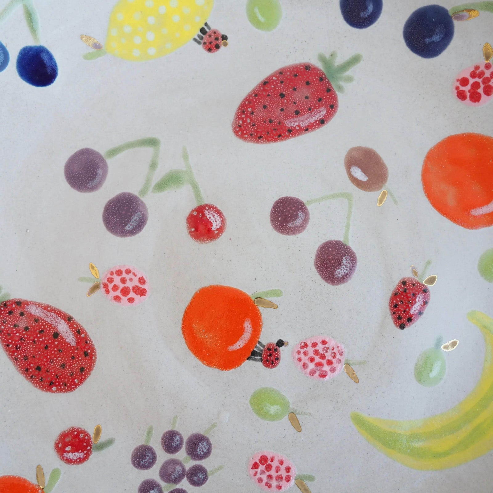 Handmade Large Ceramic Fruit Bowl with Illustrated Fruits