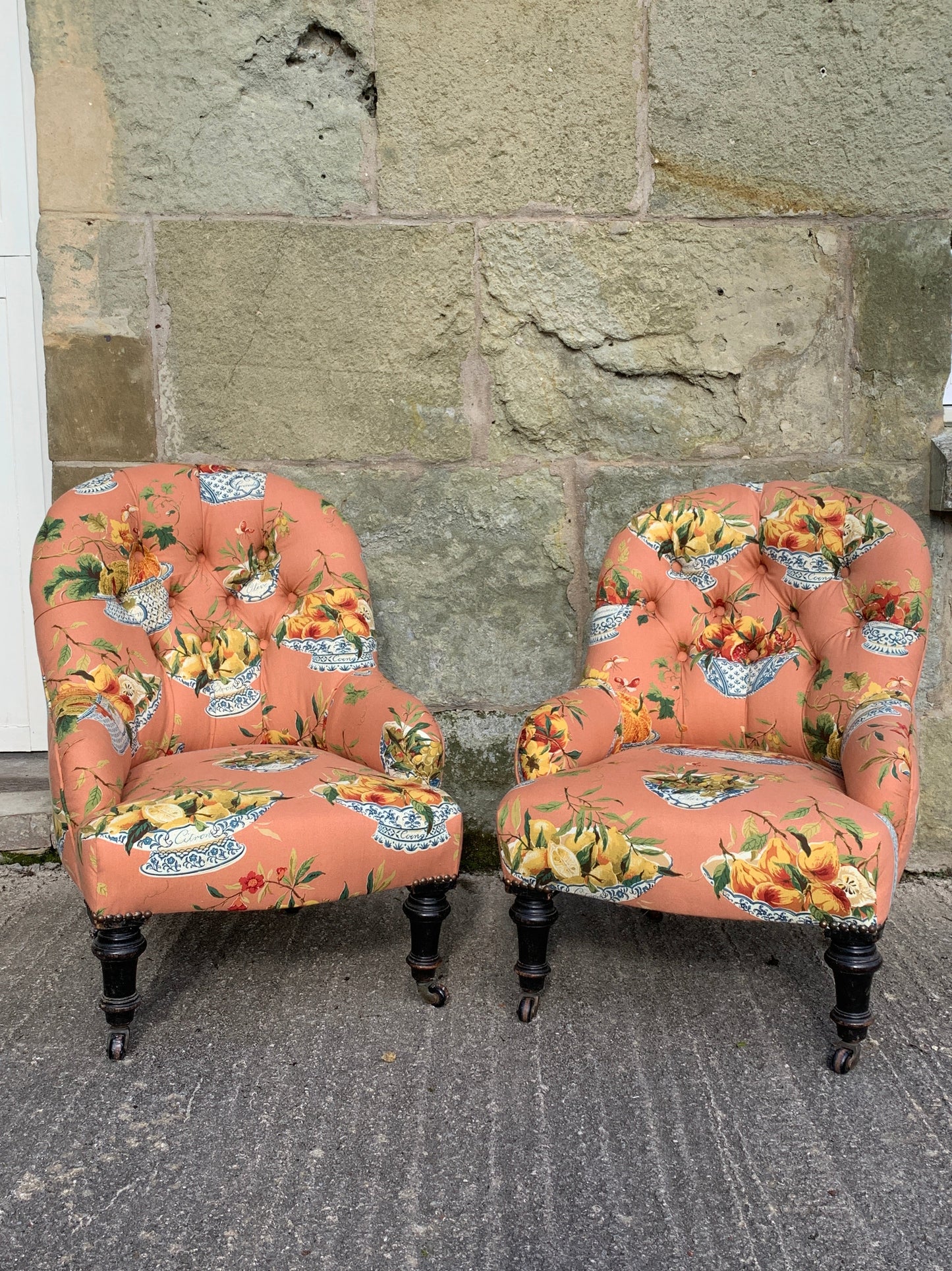 HANS & GRETEL - A Pair Of Antique Button Back Armchairs In Vintage Colefax & Fowler Fabric-