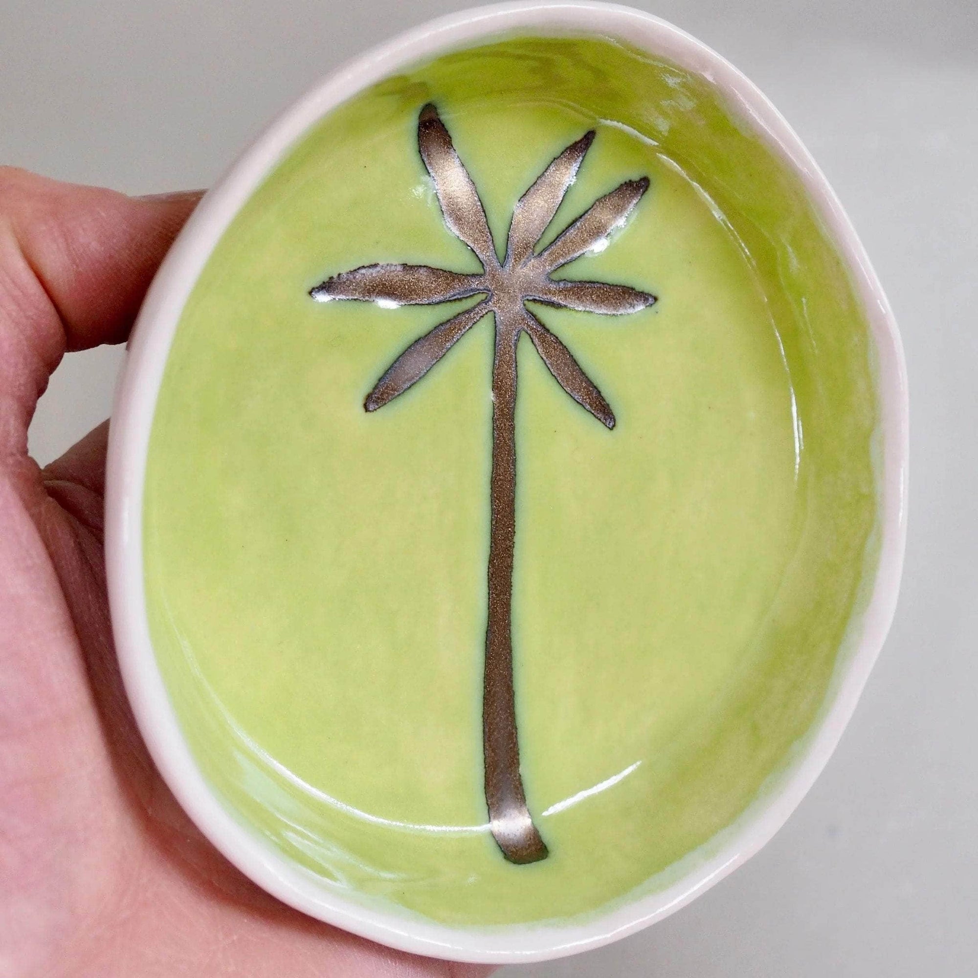 Handmade Green And Gold Ceramic Palm Tree Ring Dish
