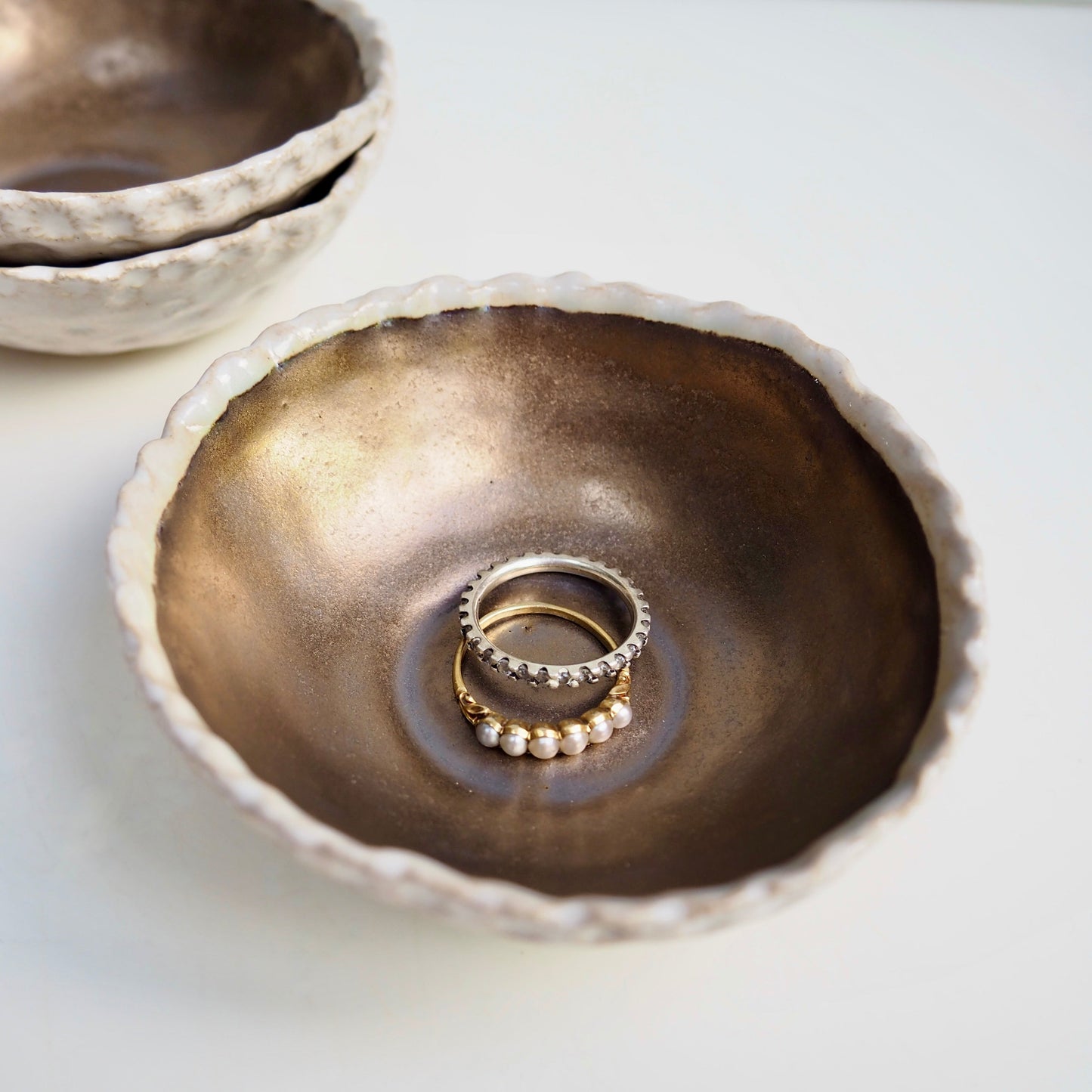 Handmade Gold & Cream Mini Pottery Ring Dish