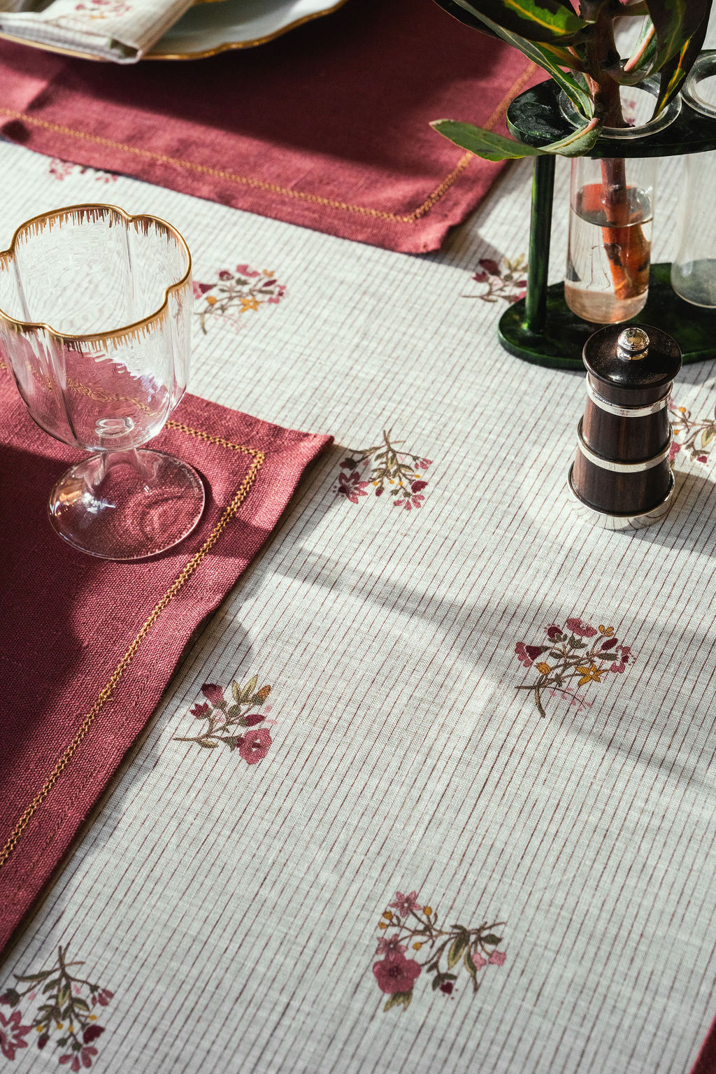 Scarlet Flax & Field Posy Pinstripe Printed Tablecloth