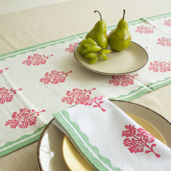 Sara - Pure Linen Hand-Printed Table Runner - Pink & Pastel Green