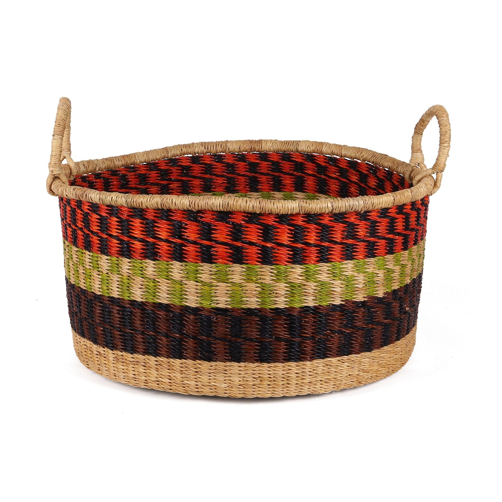 ADWOWA: Medium Orange, Green and Black Floor Storage Basket with Handles