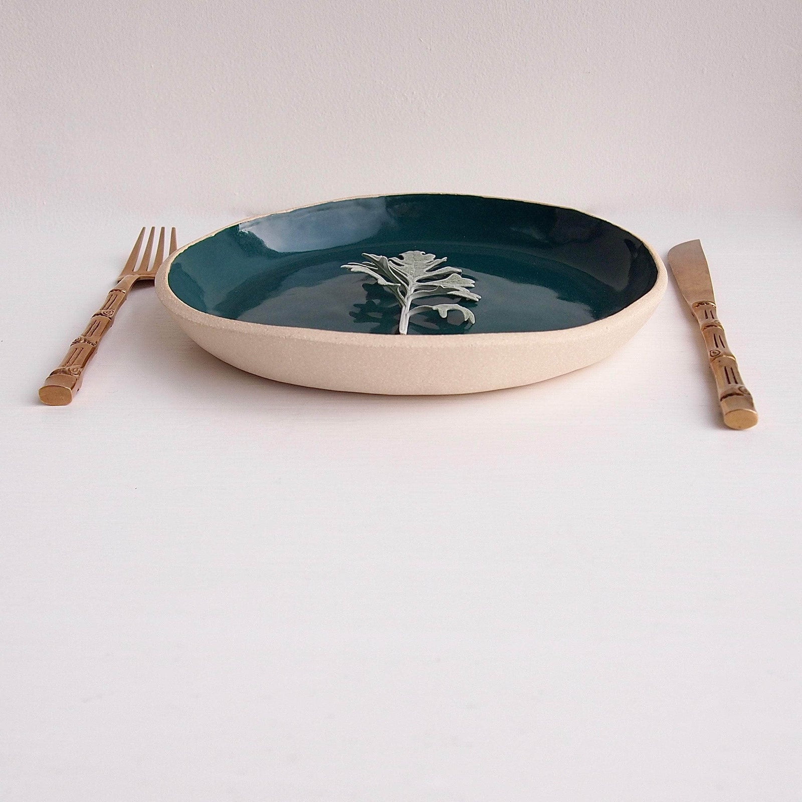Handmade Teal and White Pottery Plate
