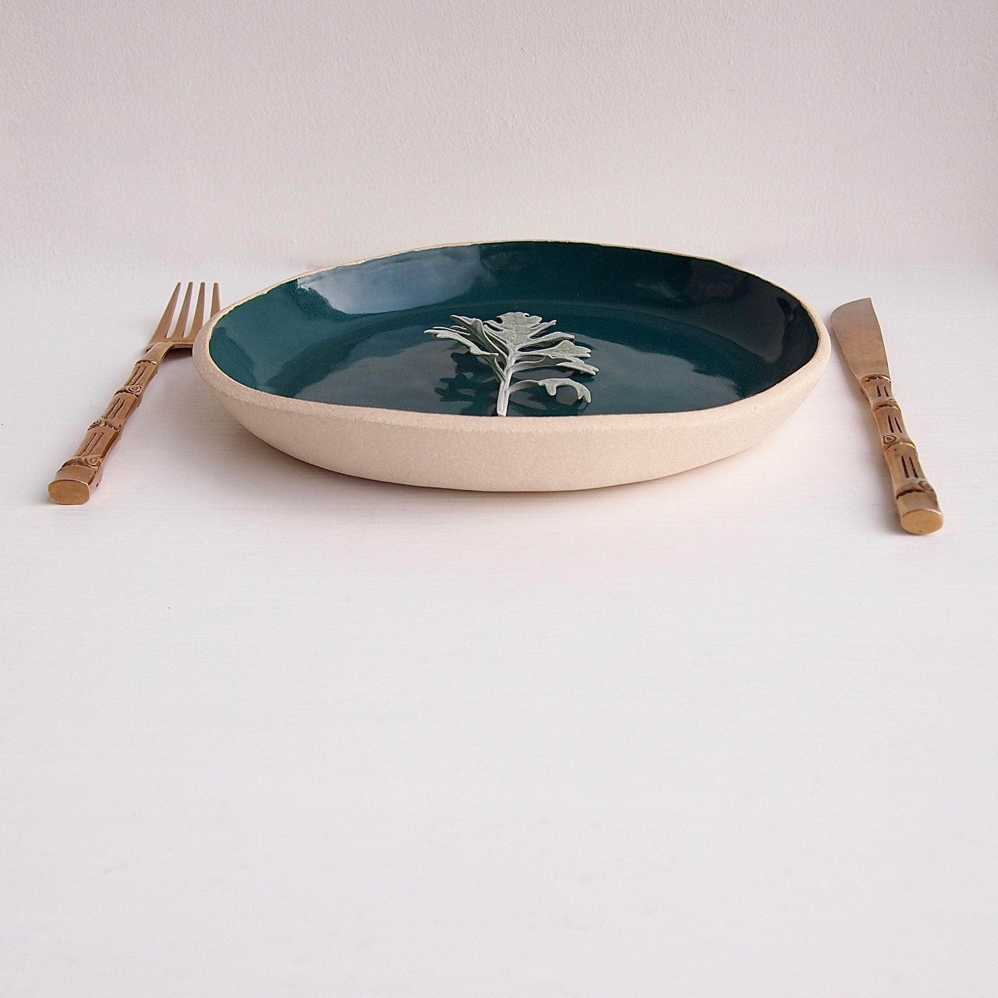 Handmade Teal and White Pottery Plate