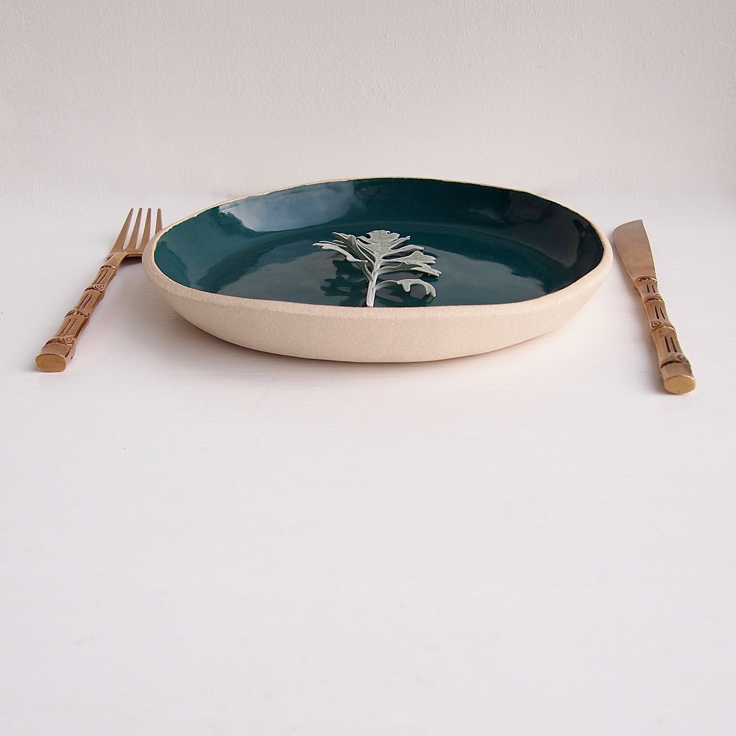Handmade Teal and White Pottery Plate
