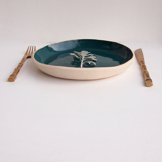 Handmade Teal and White Pottery Plate