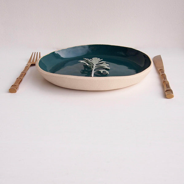 Handmade Teal and White Pottery Plate