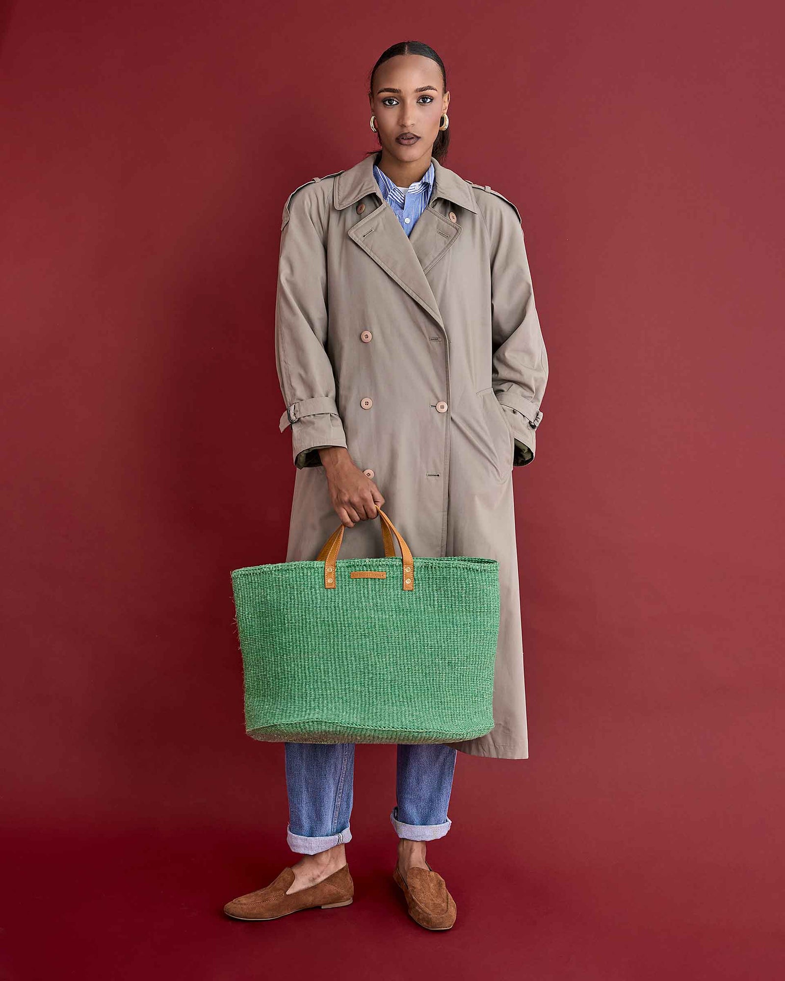 BARUA: Mint Green and Tan Leather Sisal Shopper