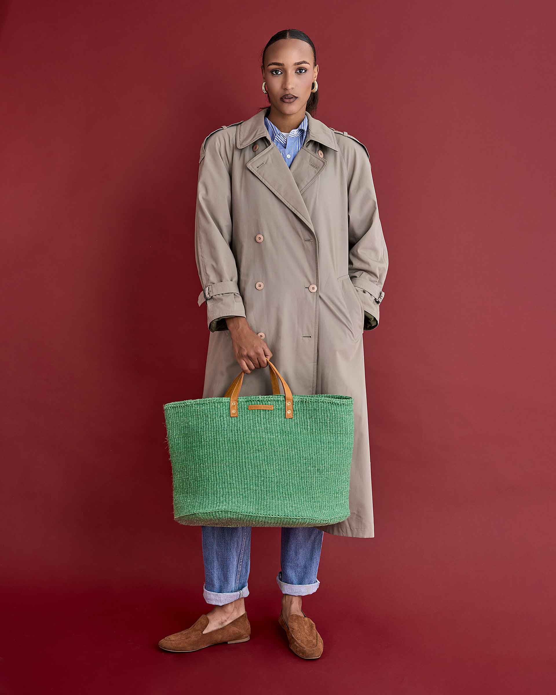 BARUA: Mint Green and Tan Leather Sisal Shopper