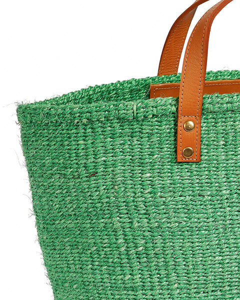BARUA: Mint Green and Tan Leather Sisal Shopper