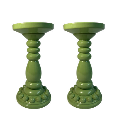 Pair of Light Green Bobbin Candle Holders (Large)