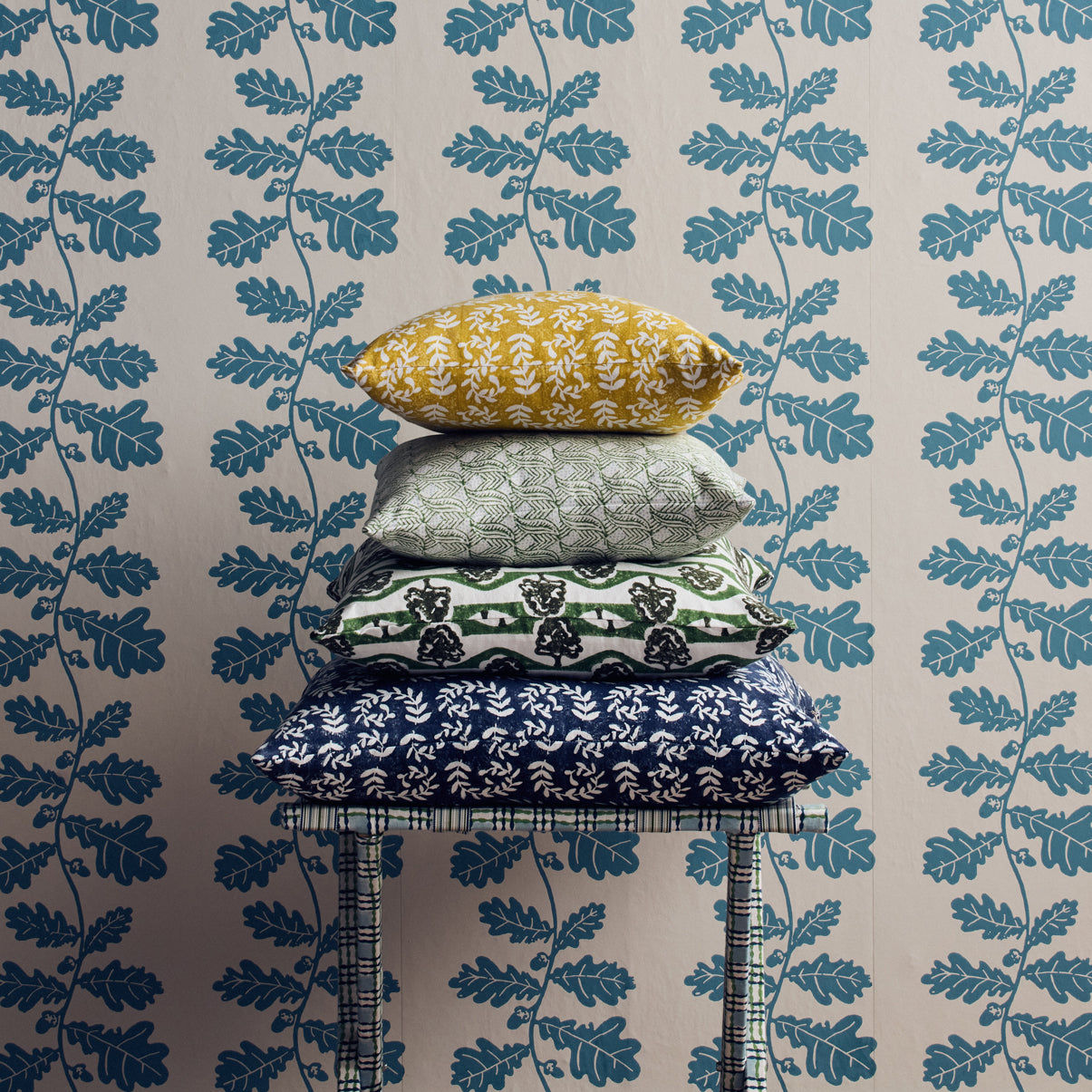Hand Block Printed Indian Leaf Cushion Blue Green