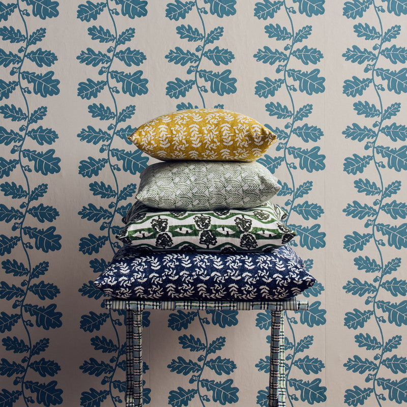 Hand Block Printed Indian Leaf Cushion Blue Green