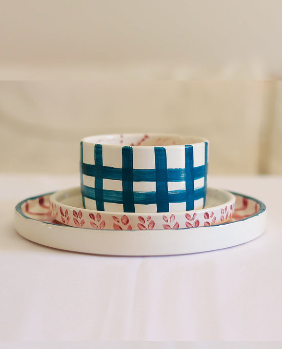 Petrol Plaid Handmade Ceramic Soup Bowl