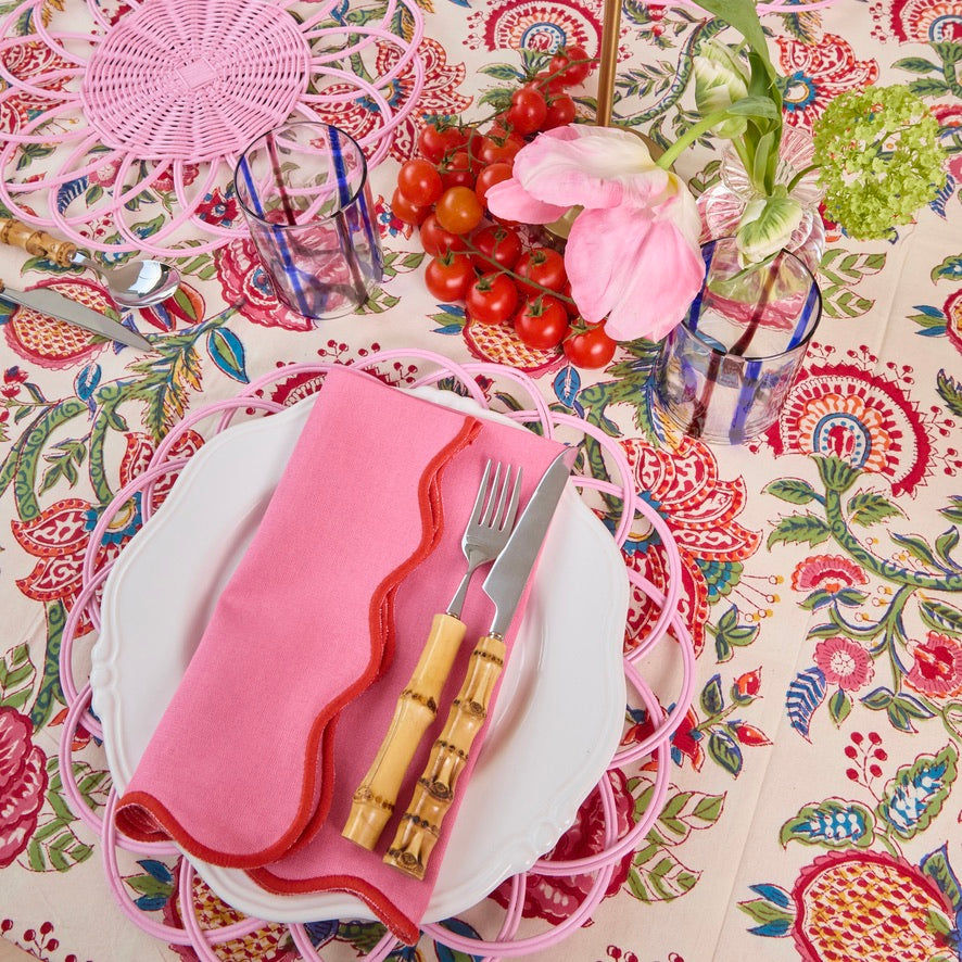 Pink Wave napkin with orange embroidered border (Set of 4)