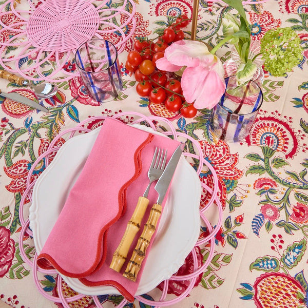 Pink Wave napkin with orange embroidered border (Set of 4)