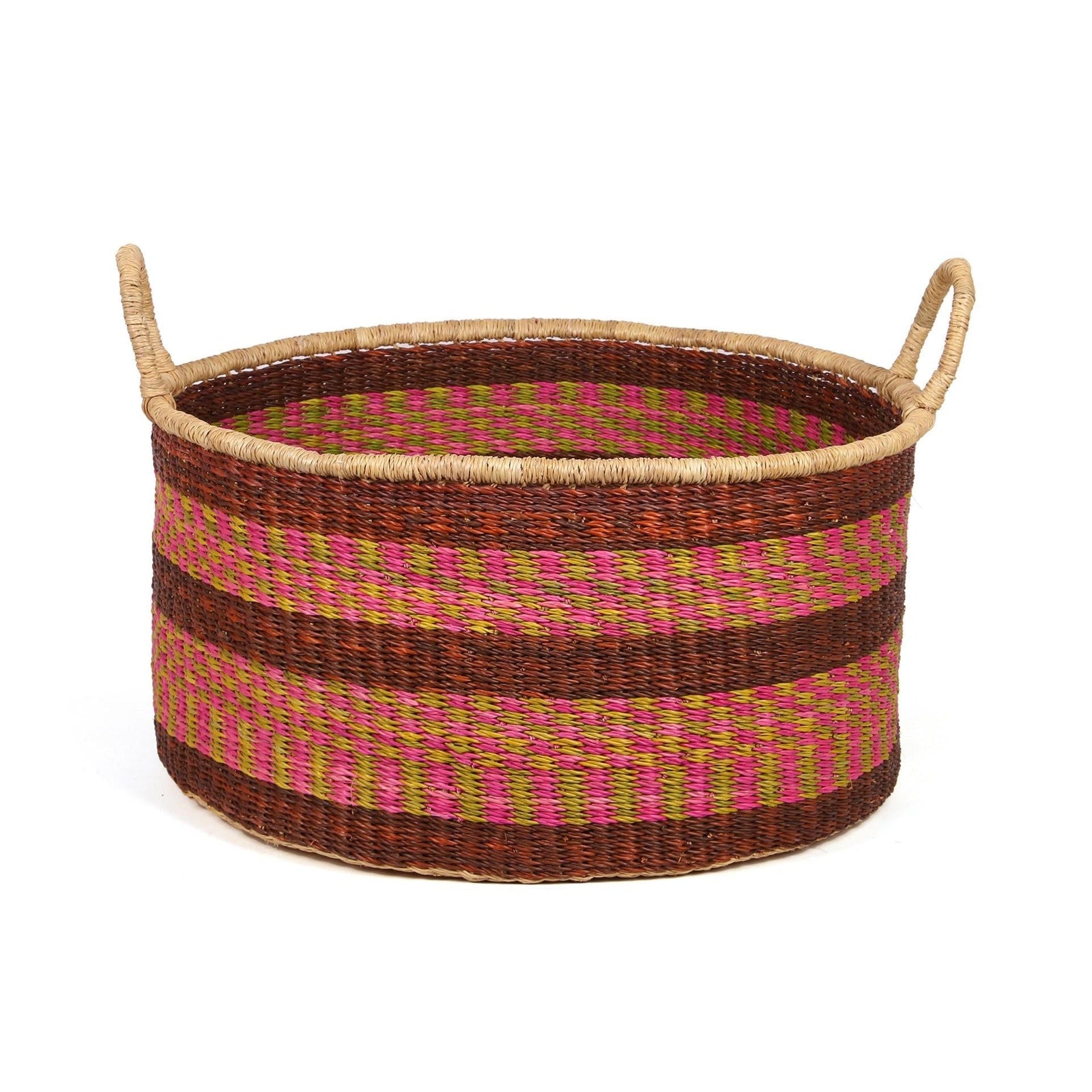 SIKA: Large Pink, Green and Brown Floor Storage Basket with Handles