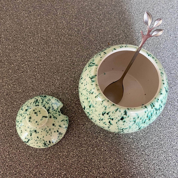 Sugar Bowl with Silver Leafy Spoon Speckled Green Glaze