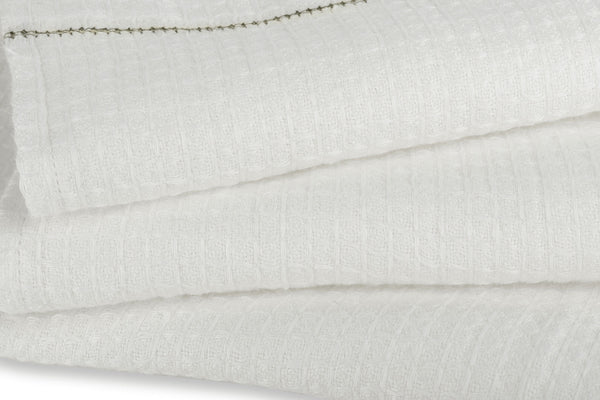 Liège Hand Towel in Ivory White Waffle with Olive Green Hemstitch