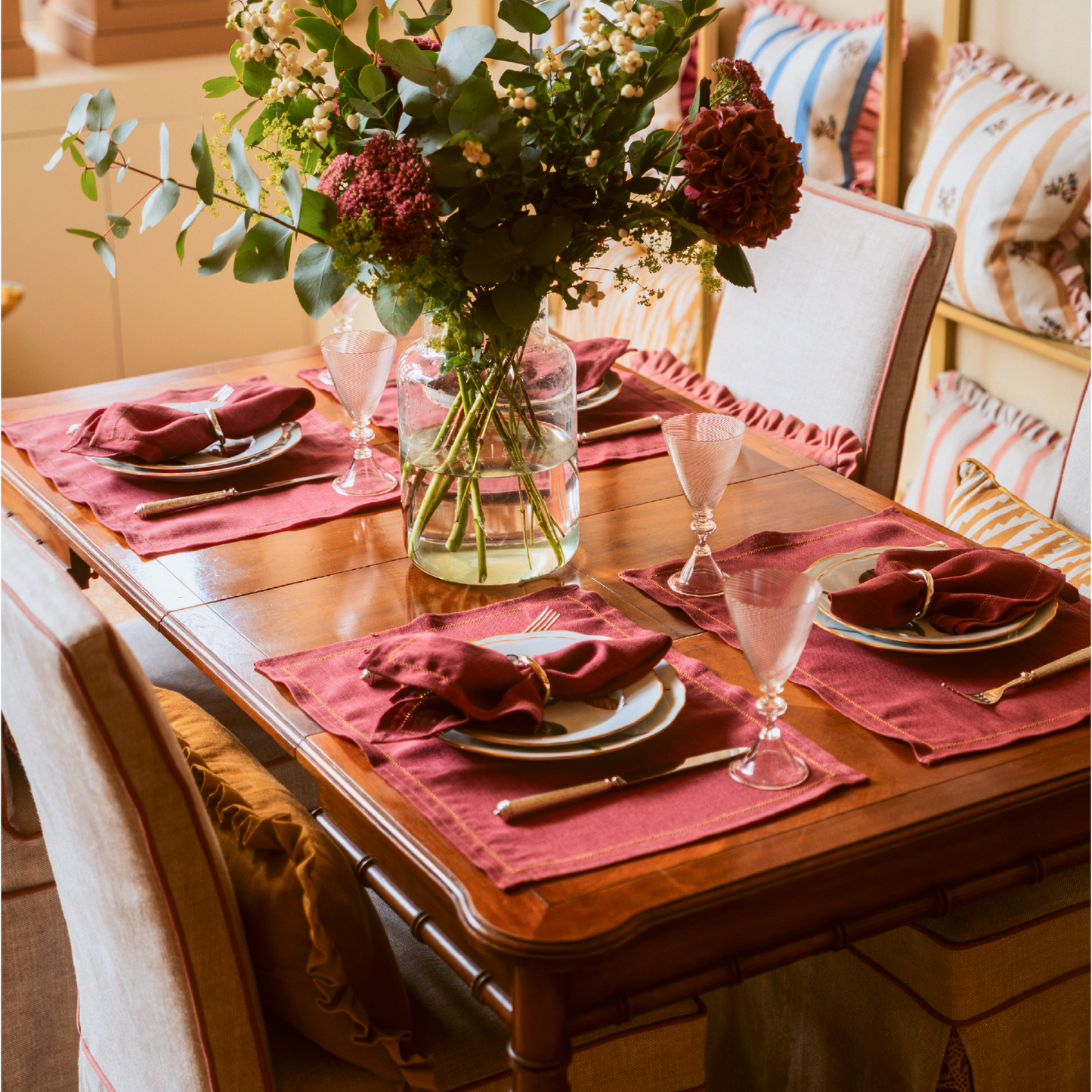Set of Marsala Placemats with Fern Green Hemstitch