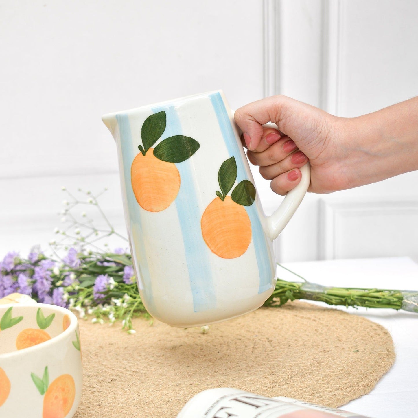 Blue Striped Orange Ceramic Pitcher , 8 x 3.5 Inches (Set of 2)
