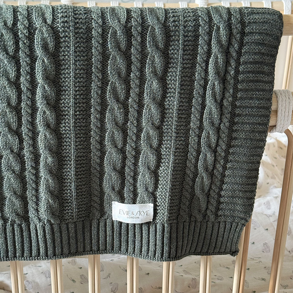 Soft Organic Knitted Cable Baby Blanket - Moss
