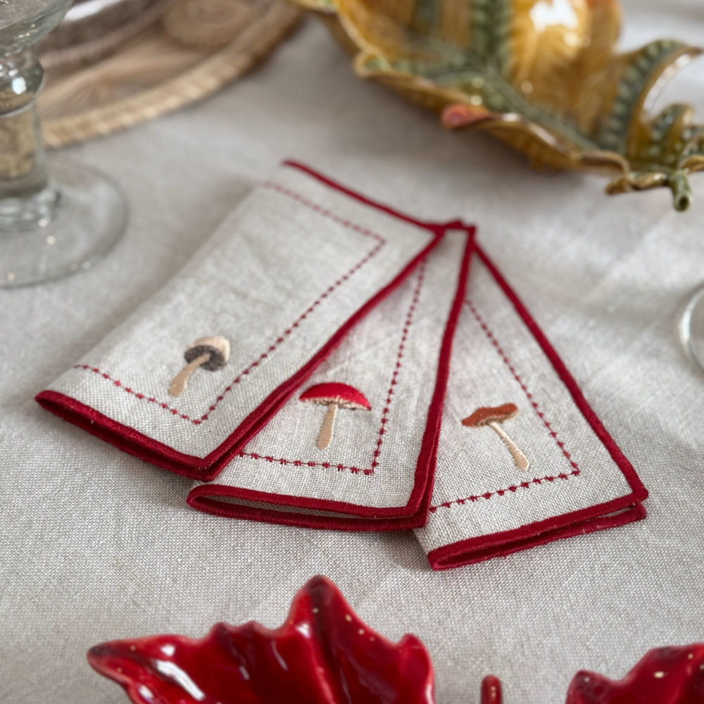 Linen Cocktail Napkins - Mushrooms