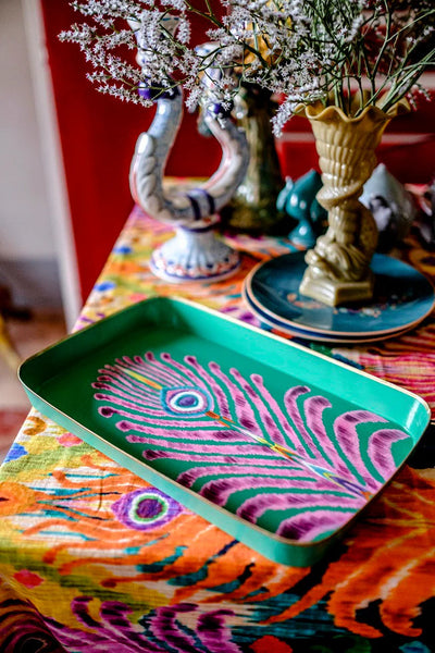 Les Ottomans x Matthew Williamson Hand-Painted Peacock Iron Tray - Green