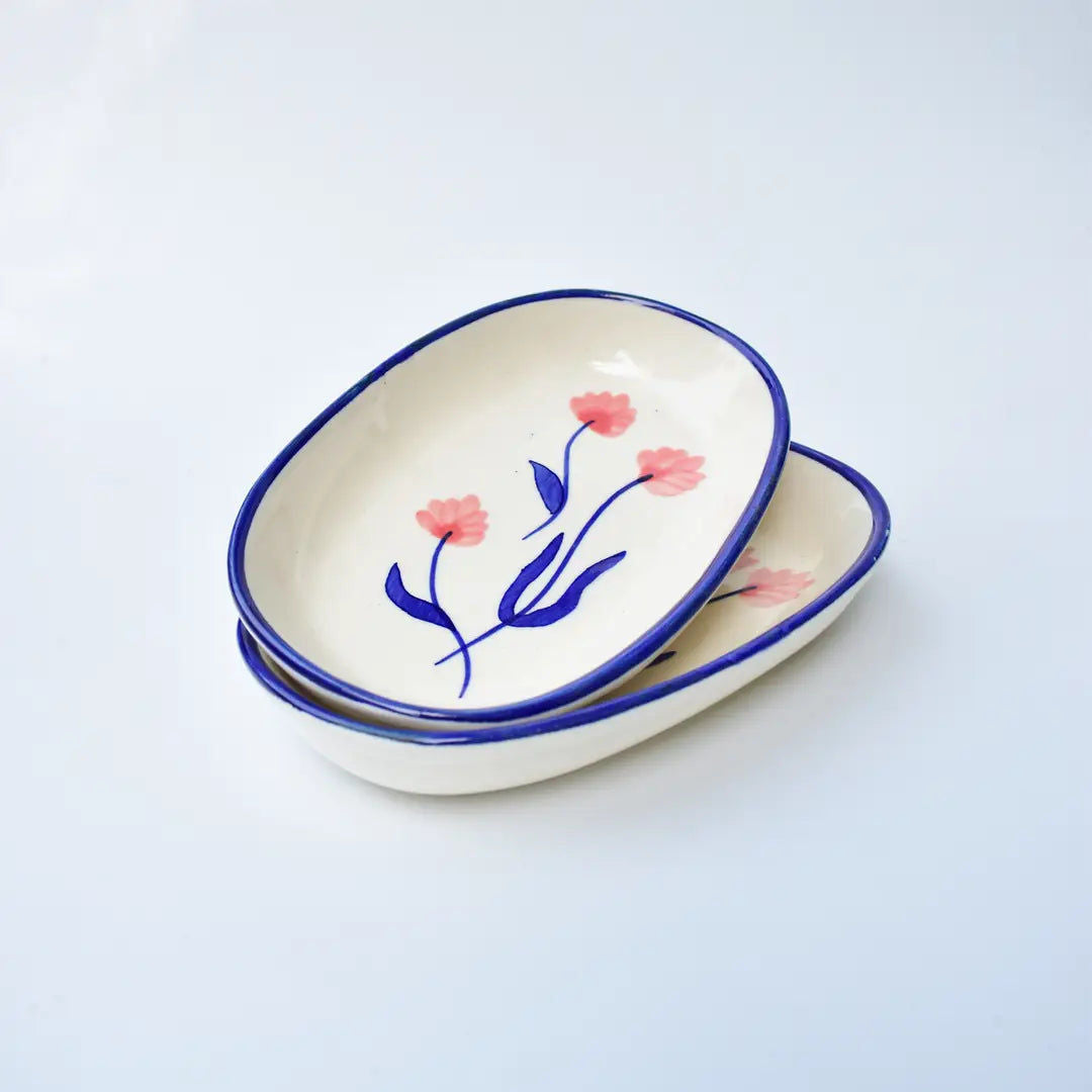 Handmade Ceramic Serving Bowl - Camellia, 1.5 x 8 x 4 Inches (Set of 2)