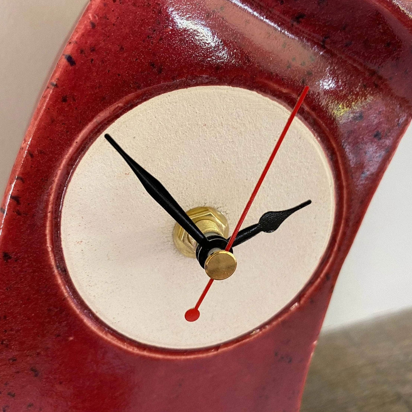 Wonky Ceramic Clock for Desk, Shelf, Mantel, Table speckled red glaze curly top