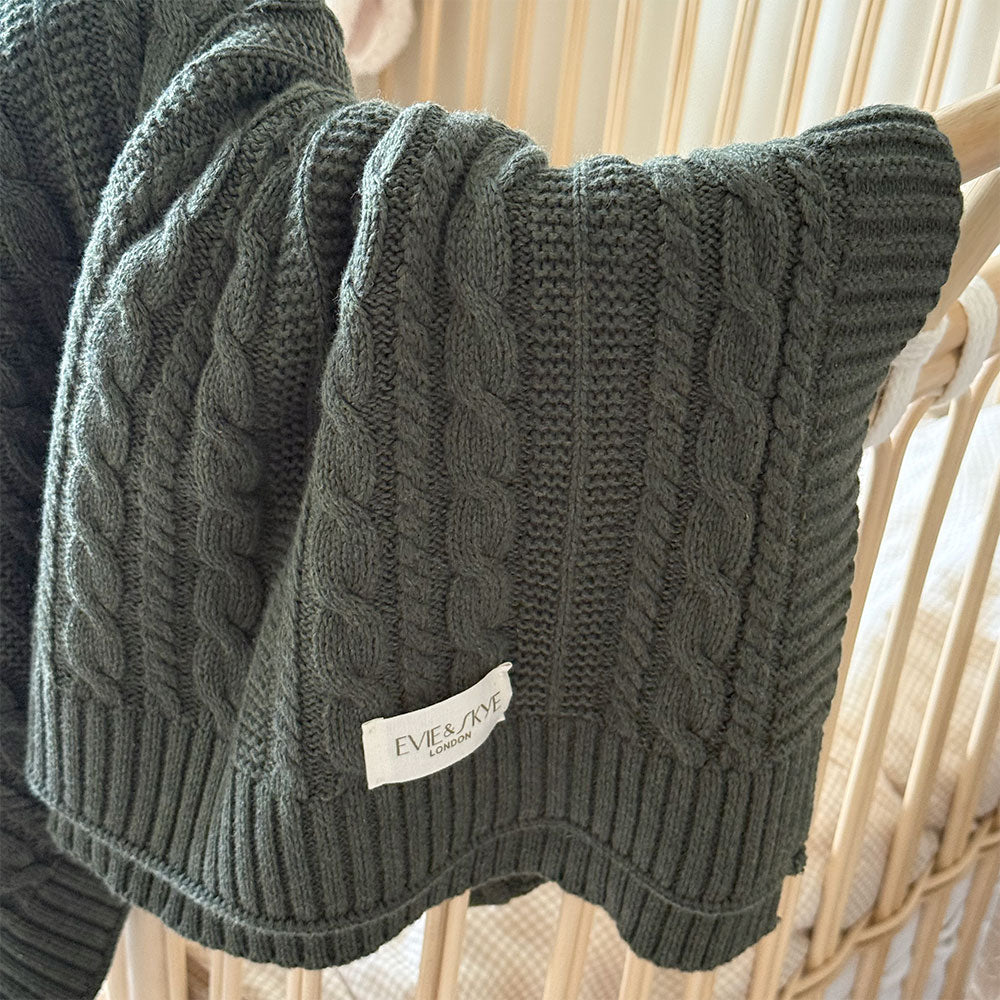 Soft Organic Knitted Cable Baby Blanket - Moss