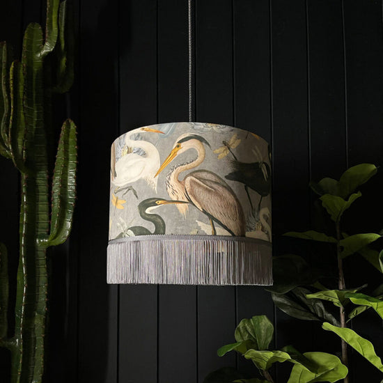 Bird Song Lampshade in Soft Grey With Gold Lining and Grey Fringing