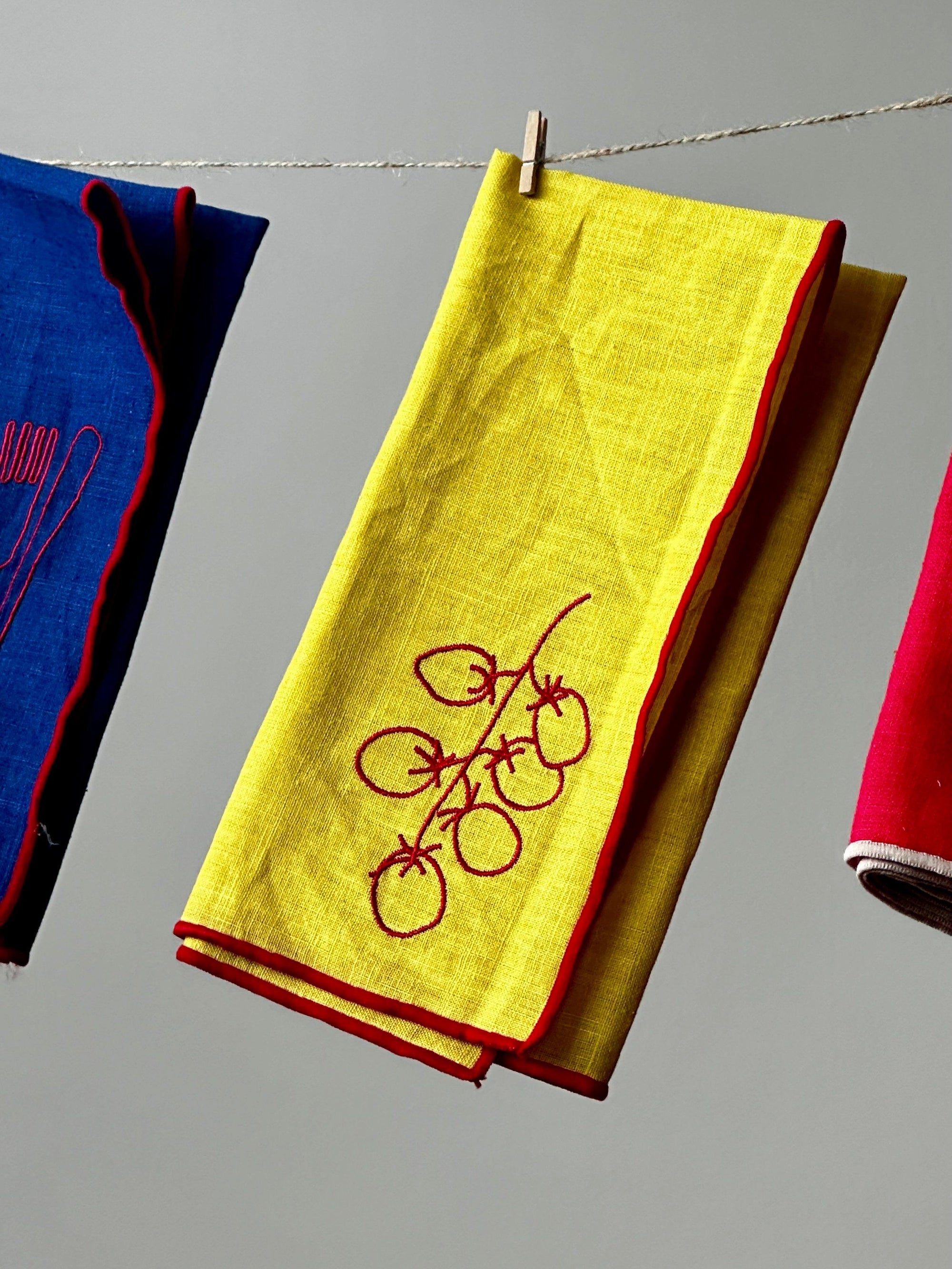 Linen Embroidered Napkins | 'Vine Tomatoes'