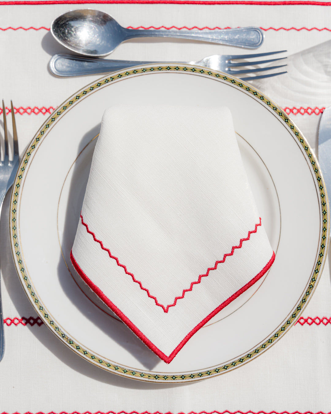 Crib Napkin, White with Red, Premium Linen-Cotton Blend