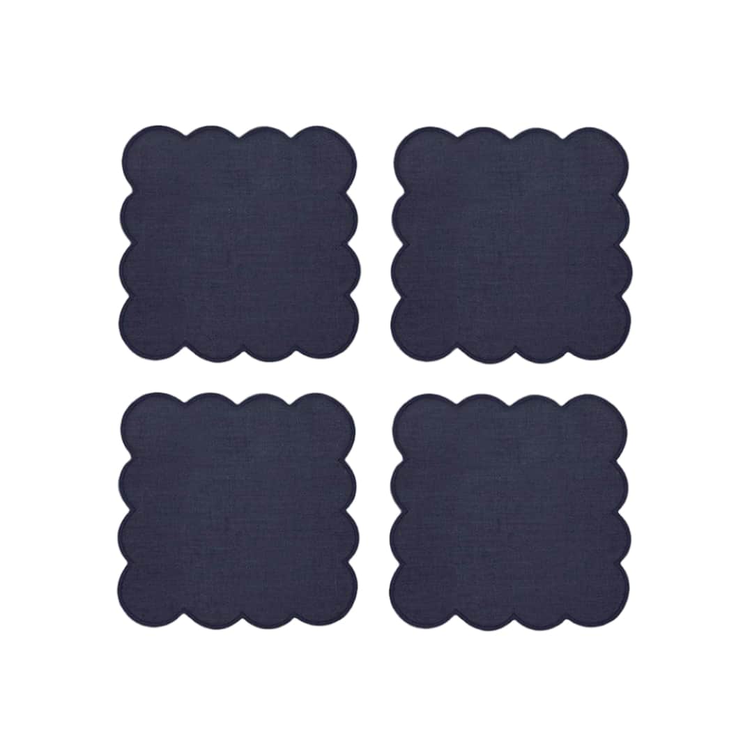 Zero-Waste Scalloped Linen Cocktail Napkins Navy Blue - Set of 4