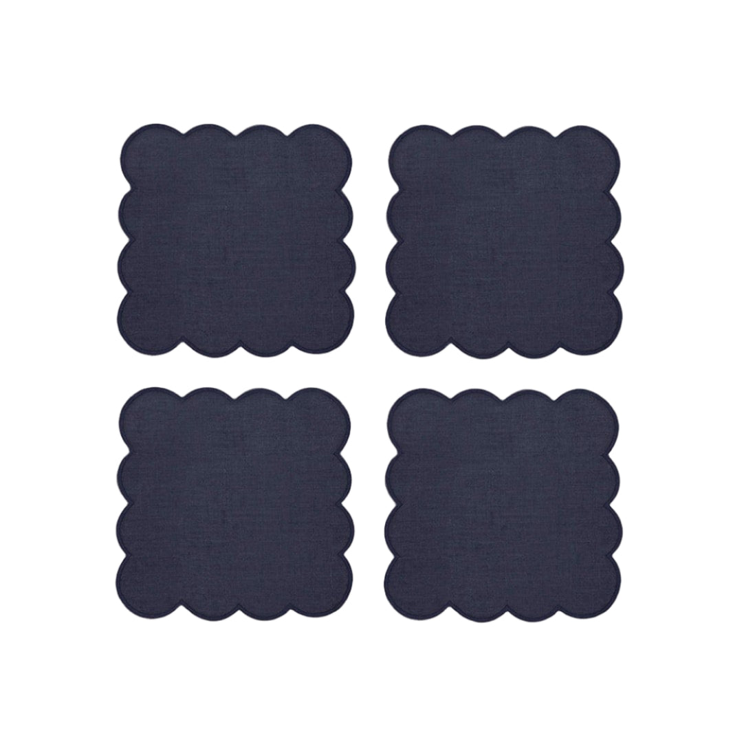 Zero-Waste Scalloped Linen Cocktail Napkins Navy Blue - Set of 4