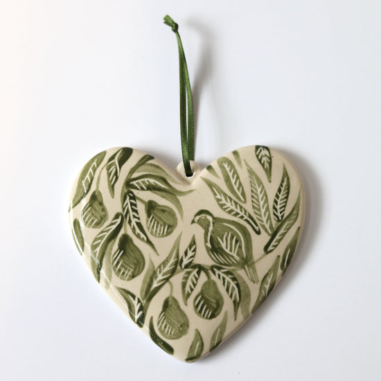 Hand Painted 'Patridge in a Pear Tree' Ceramic Christmas Ornament - Green