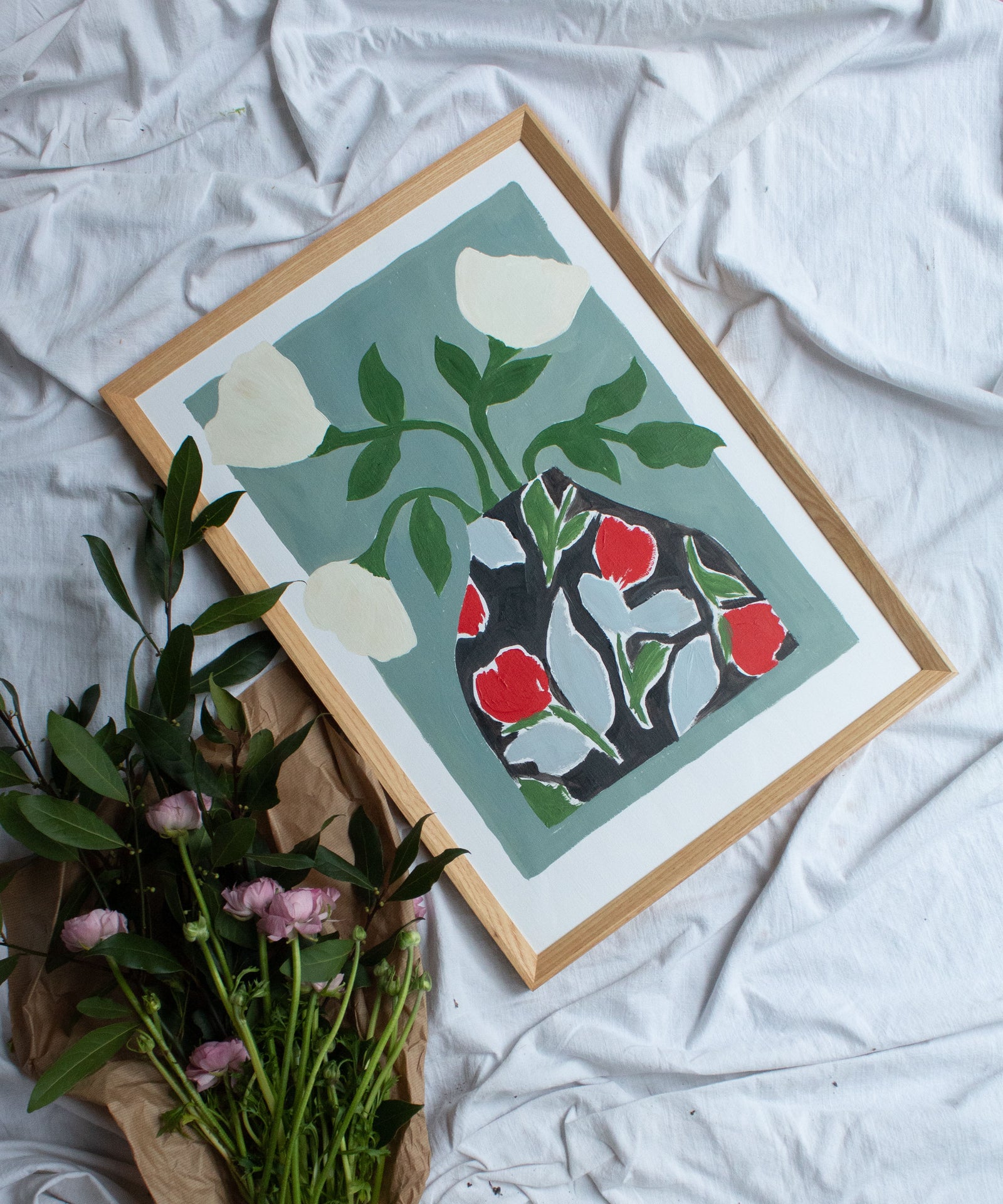 Vintage print vase - Original painting