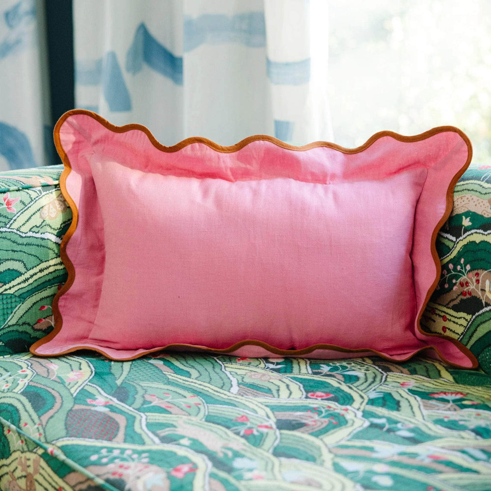 Darcy Linen Lumbar Pillow - Light Pink + Rust