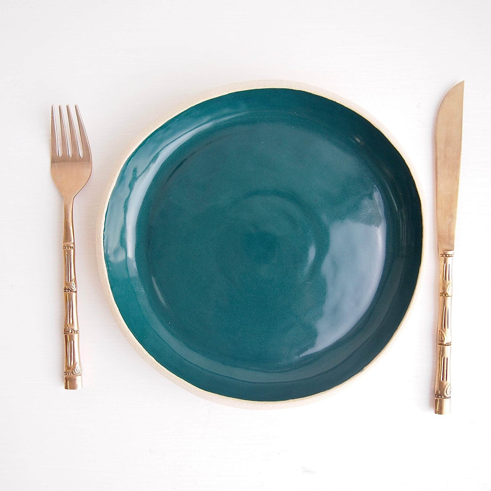 Handmade Teal and White Pottery Plate